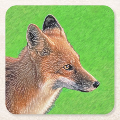 Red Fox Painting _ Original Wildlife Art Square Paper Coaster