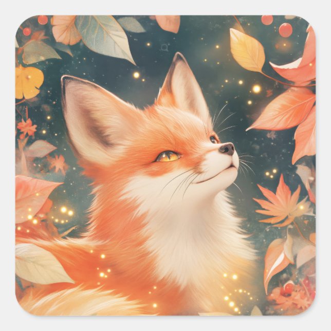 Red Fox Peeking Through Glowing Autumn Leaves Square Sticker (Front)