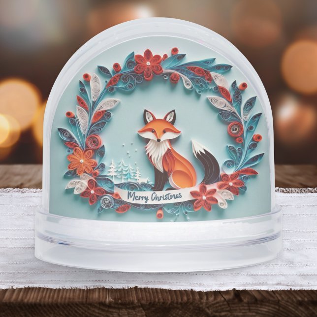 Red Fox Personalized Christmas Snow Globe (A Christmas snow globe with red fox and plants design in a papercraft style)