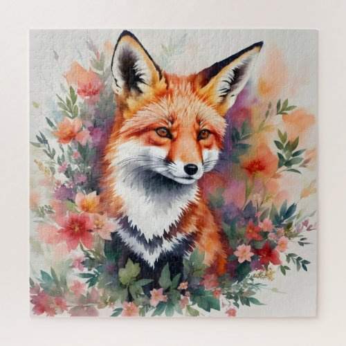 Red Fox Portrait Floral Art Jigsaw Puzzle