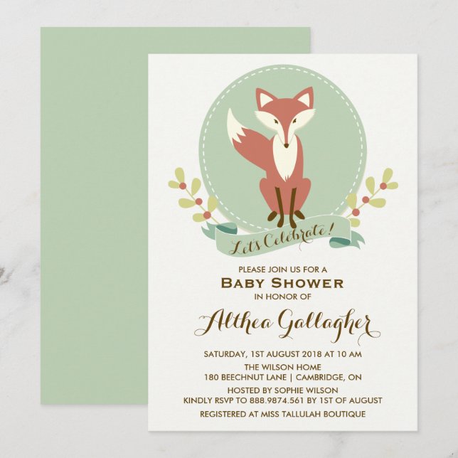 Red Fox Portrait Floral Baby Shower Invitation (Front/Back)