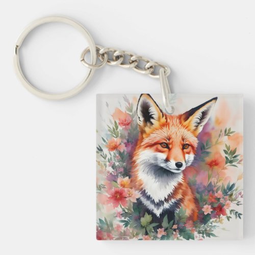 Red Fox Portrait Floral Watercolor Art Keychain