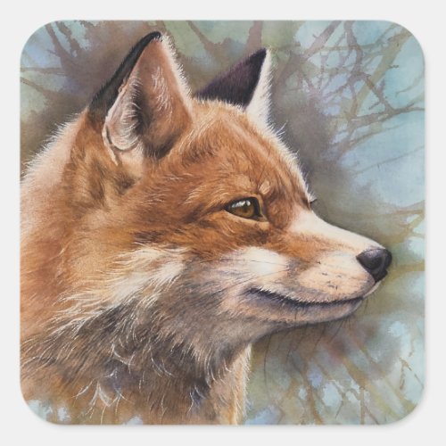 Red Fox Profile Portrait Watercolor Background Art Square Sticker