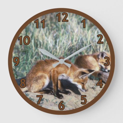 Red Fox Pups Large Clock