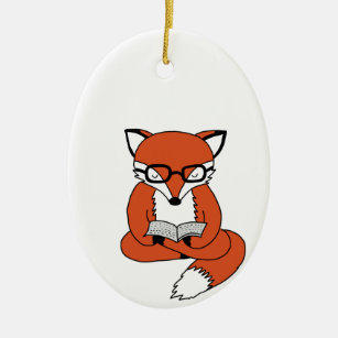 Red fox reading book ceramic ornament