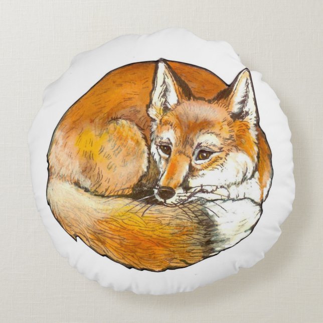 Red Fox Round Throw Pillow, Original Artwork Round Pillow (Back)