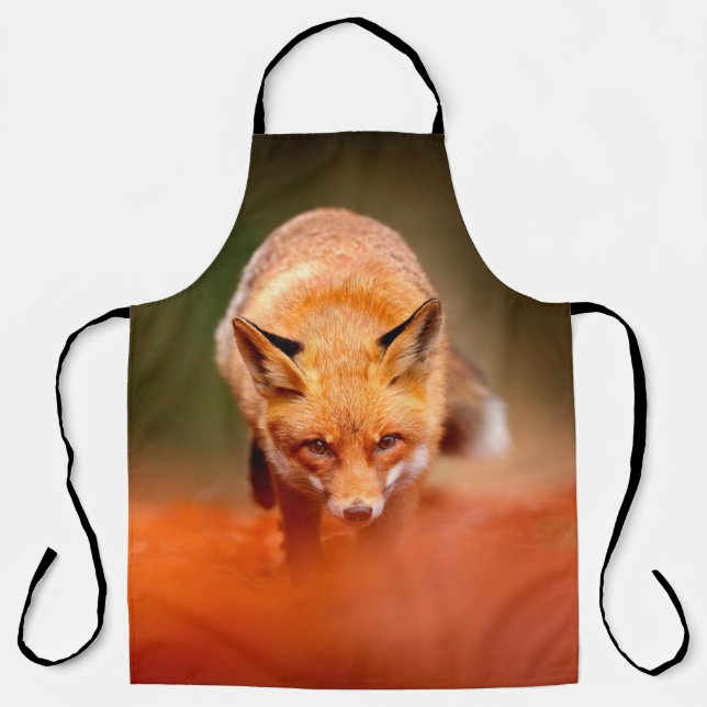 Red fox running on orange autumn leaves. Cute Red  Apron (Front)