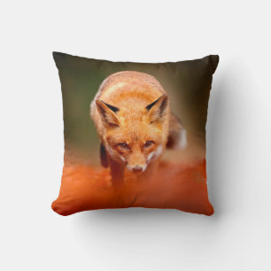 Red fox running on orange autumn leaves. Cute Red Throw Pillow