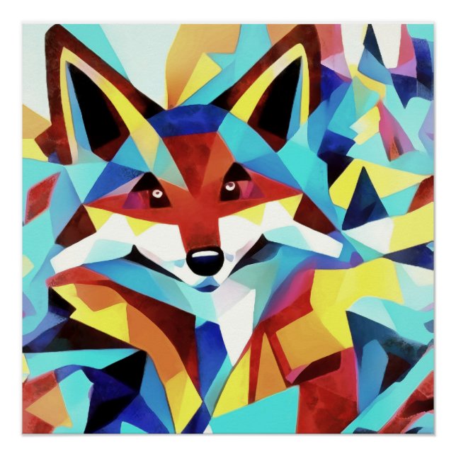 Red Fox Running Through Water Geometric Art Style Poster (Front)