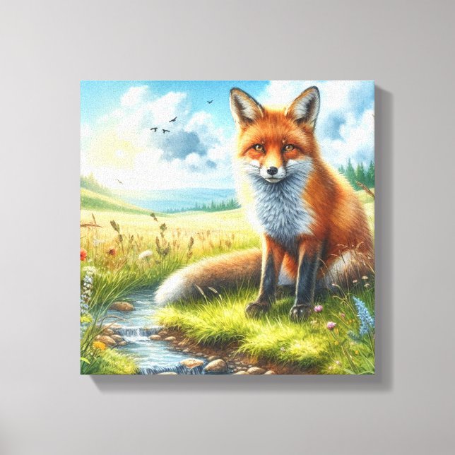 Red Fox Sitting by Stream Stretched Canvas Print (Front)