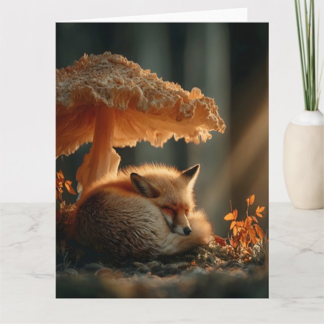 Red Fox Sleeping Under Giant Mushroom Card (Front)