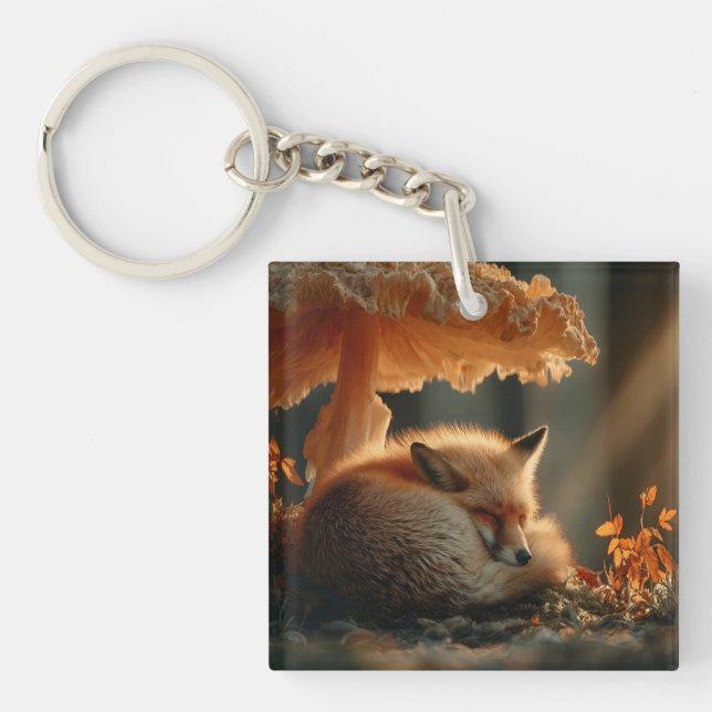 Red Fox Sleeping Under Giant Mushroom Keychain (Front)
