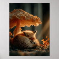 Red Fox Sleeping Under Giant Mushroom