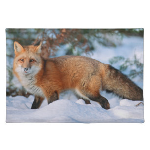 Red Fox Snow in Winter, Montana Cloth Placemat