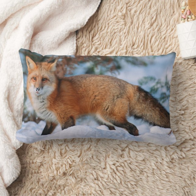 Red Fox | Snow in Winter, Montana Lumbar Pillow (Blanket)