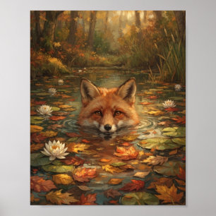 Red Fox Swimming Autumn Pond Water Lily Botanical Poster