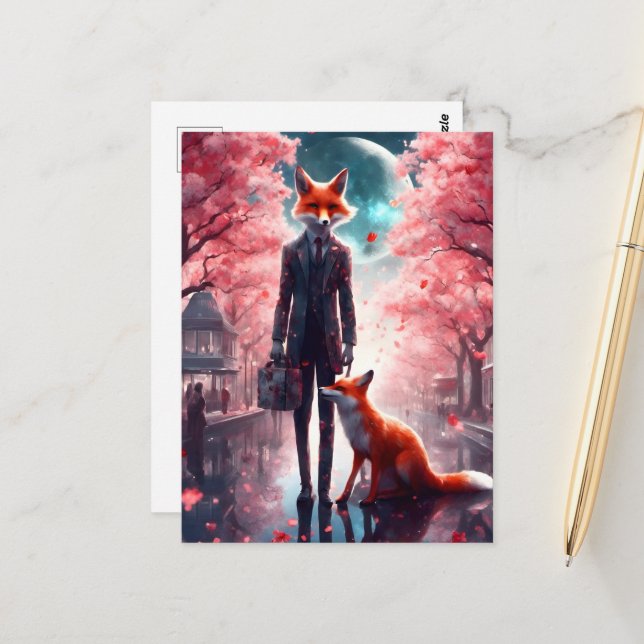 Red Fox Walking With a Brief Case Cherry Blossoms Postcard (Front/Back In Situ)