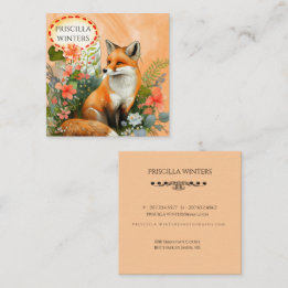 Red Fox Watercolor Peach Flowers Square Business Card