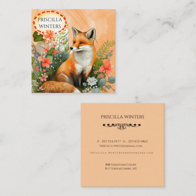Red Fox Watercolor Peach Flowers  Square Business Card (Front/Back)
