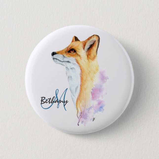 Red Fox Watercolor Personalized  Button (Front)