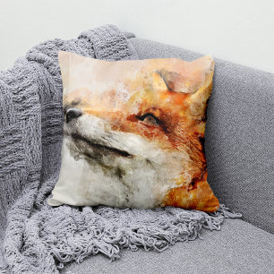 Red Fox Watercolor Portrait 01 Throw Pillow