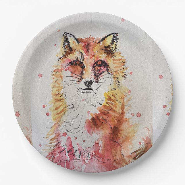 Red Fox Watercolour Birthday Party Paper Plate (Front)