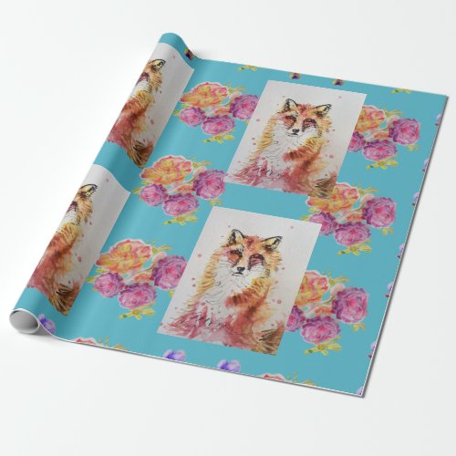 Red Fox Watercolour Woodland Teal Rose Animal Art Wrapping Paper