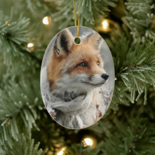 Red Fox Wearing a Knitted Scarf in a Snowy Winter Ceramic Ornament