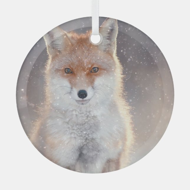 Red fox, winter forest, scenic illustration. glass ornament (Front)