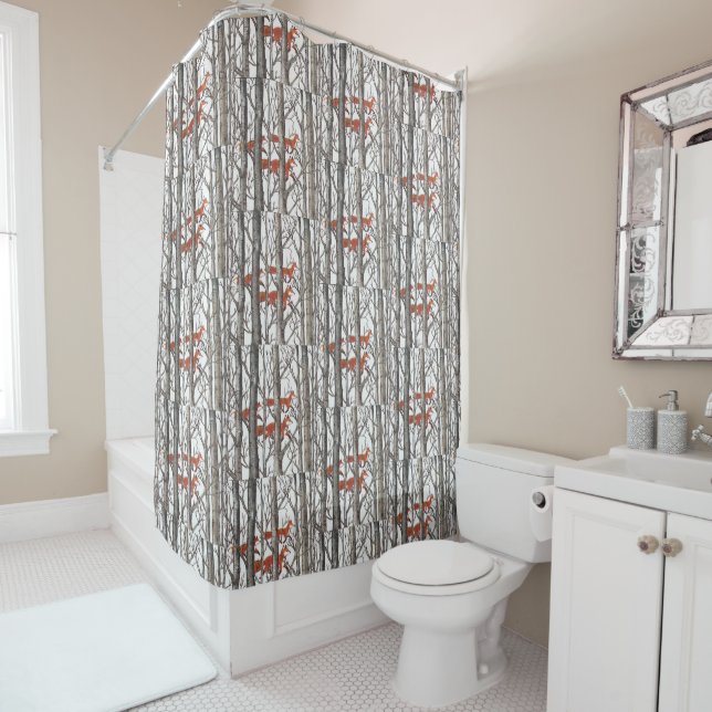 Red Fox Winter Gray Woods Shower Curtain Neutral (In Situ)