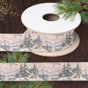 Red Fox Winter Wildlife Snow Scene Christmas Satin Ribbon