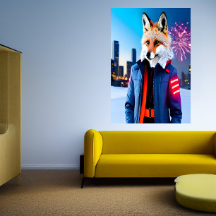 Red Fox with a uniform and firework AI Art Poster