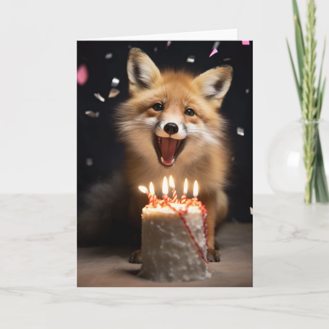Red Fox with Birthday Cake - Card (Front)