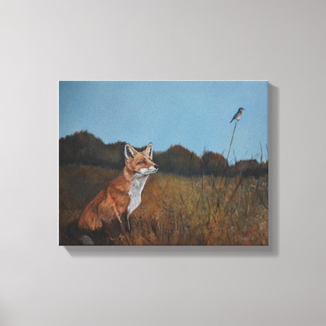 Red Fox with Bluebird Animal Wildlife Canvas Print (Front)