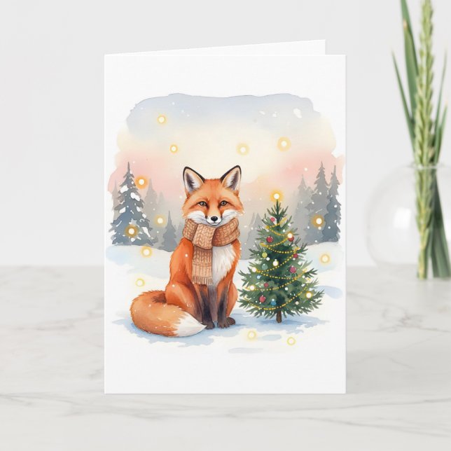 Red Fox with Brown Scarf and Christmas Tree Card (Front)