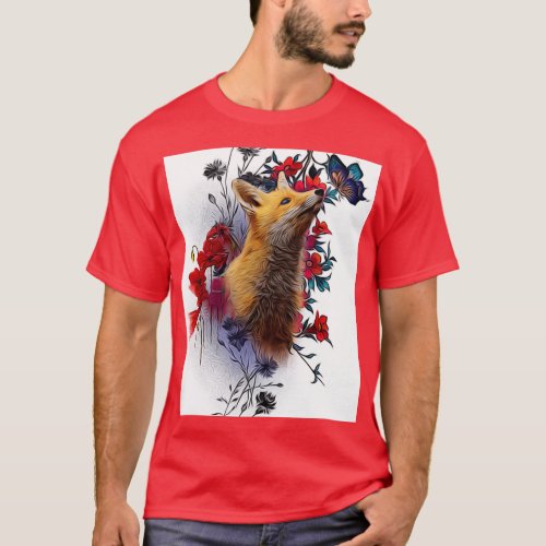 Red Fox with Flowers and Butterfly in warm tones T_Shirt