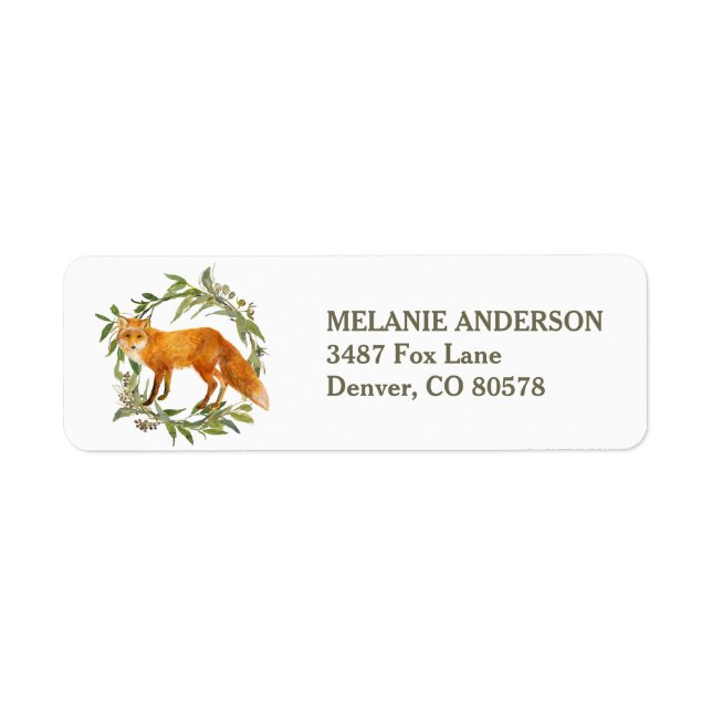 Red Fox with Green Leaves Wreath Return Address Label (Front)