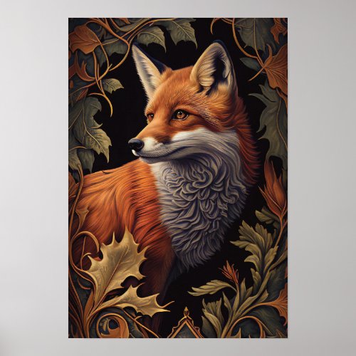 Red Fox with Leaves  Elegant Floral Animal Art Poster