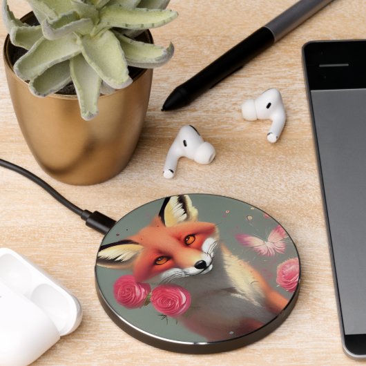 Red fox with pink flowers wireless charger (Desk 2)