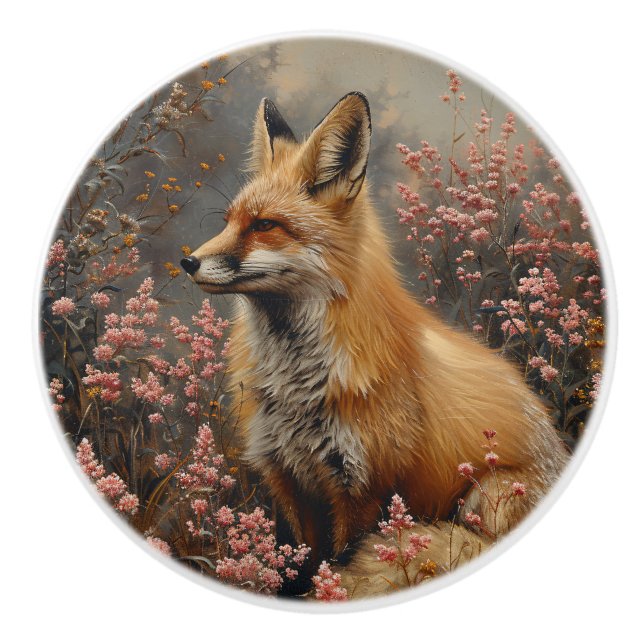 Red Fox with Pink Wildflowers Painting Ceramic Knob (Front)