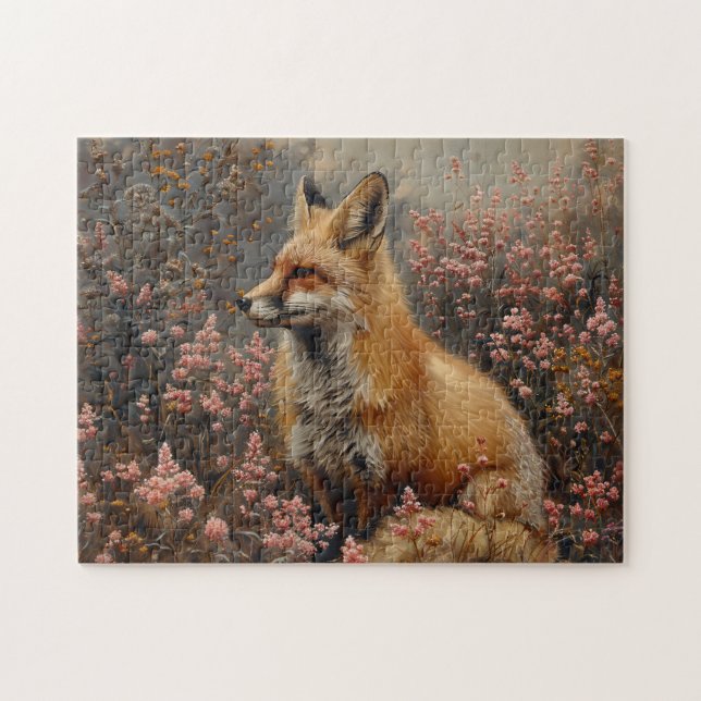 Red Fox with Pink Wildflowers Painting Jigsaw Puzzle (Horizontal)