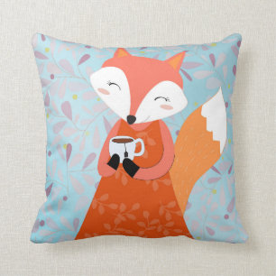 Red fox with Tea Cup cute pillow