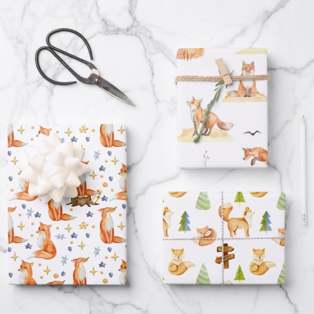 Red Fox Woodland Wildlife Pattern Wrapping Paper Sheets (Front)