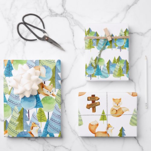 Red Fox Woodland Wildlife Pattern Wrapping Paper Sheets