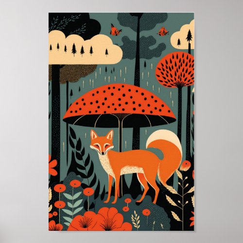 Red Fox Woods Scandinavian Danish Modern Art Poster