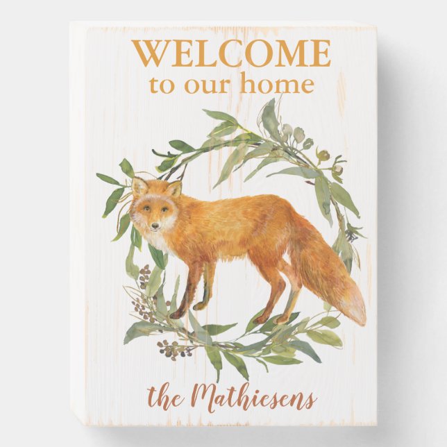 Red Fox Wreath Welcome Wooden Box Sign (Front Vertical)