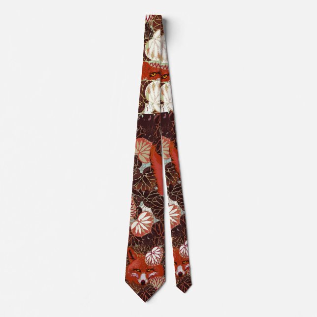 RED FOXES  AMONG BLACK WHITE LEAVES AND FOLIAGE NECK TIE (Front)