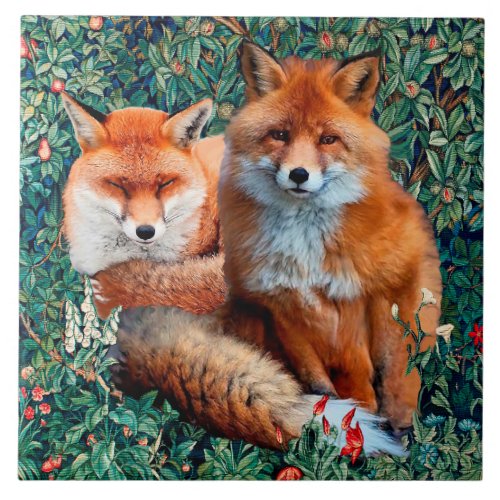 RED FOXES AMONG GREENERY FOLIAGE AND FLOWERS  CERAMIC TILE