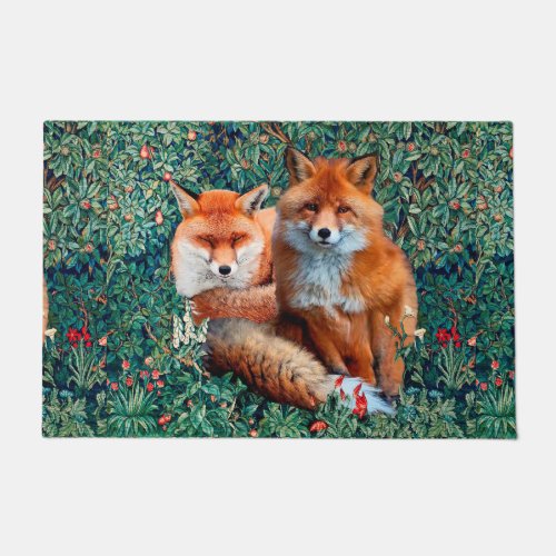 RED FOXES AMONG GREENERY FOLIAGE AND FLOWERS DOORMAT