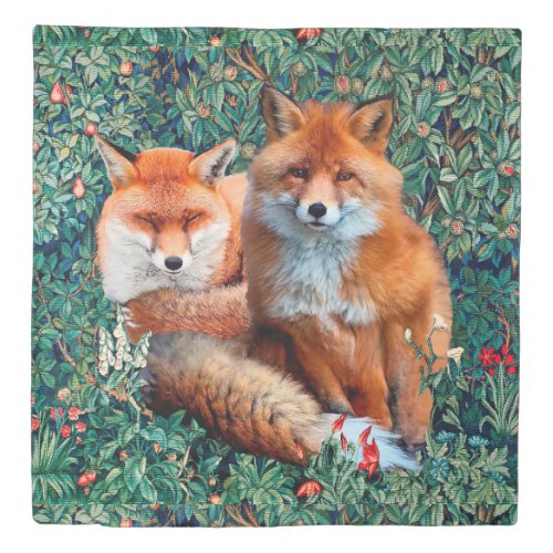 RED FOXES AMONG GREENERY FOLIAGE AND FLOWERS DUVET COVER